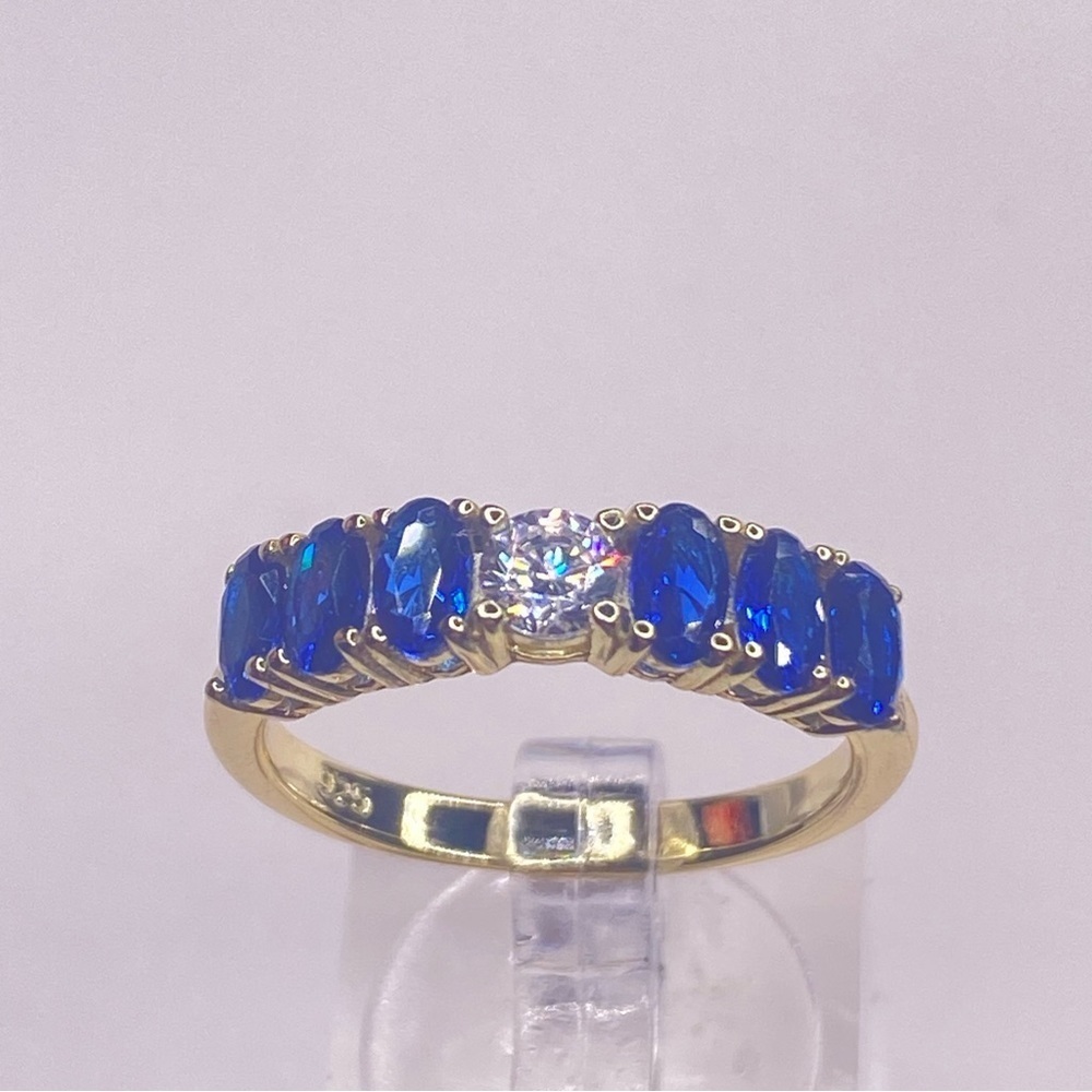 SOLD. STERLING SILVER /14K GOLD &  BLUE SAPPHIRE STONES W/ CENTER SIMULATED. - Picture 3 of 3